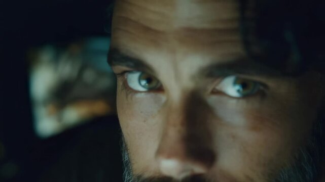 Close view of a man's eyes showing focus and intent while he works in a dimly lit room during the late evening hours
