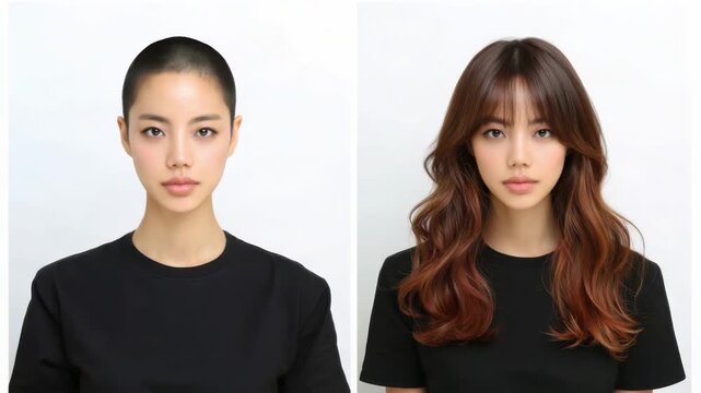 Hair transformation from shaved head to long hairstyle in a studio setting with a simple background during the day