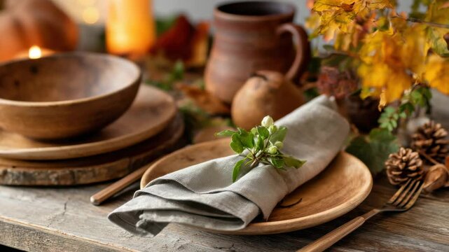 Table setting for a fall gathering with wooden bowls and natural decorations in a cozy indoor space during autumn