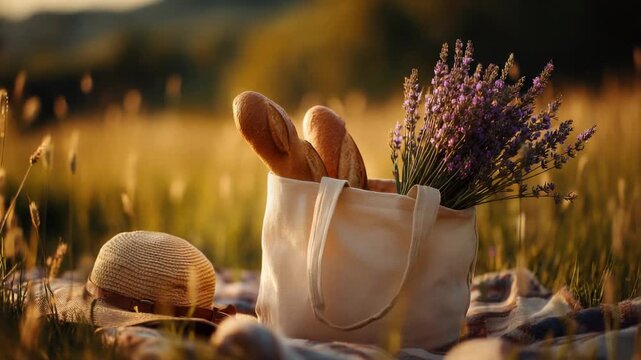 Enjoying a picnic with bread and flowers in a sunny field during summer afternoon