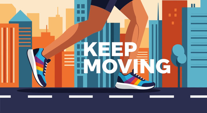 Urban Athlete Running Forward, Colorful Sneakers With The Motivational Phrase Keep Moving Forever