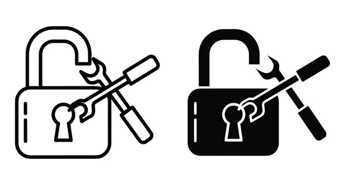 Padlock repair service icon set with wrench and screwdriver tools for security maintenance locksmith business and technical support symbol design