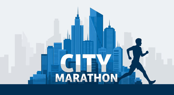 Urban Marathon Runner Silhouette In Front Of City Buildings With Blue and White Color Scheme