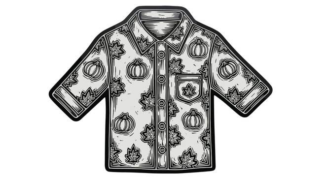 Black and white illustration of a short sleeved button up shirt with a pumpkin pattern