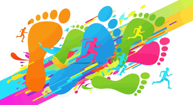 Vibrant Footprints and Runners in Abstract Colorful Composition Representing Speed and Motion