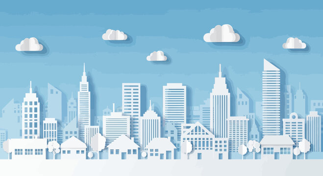 Urban Landscape Paper Cut illustration, City Skyline With Clouds Minimalistic Vector Design