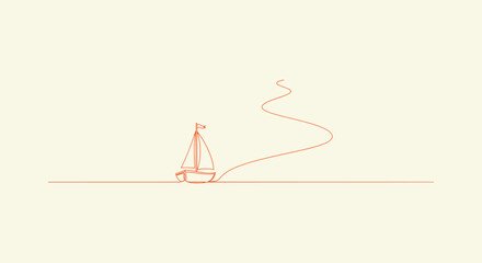 Fototapeta premium Minimalist Continuous Line Drawing of a Small Sailboat on the Ocean Horizon with a Winding Path