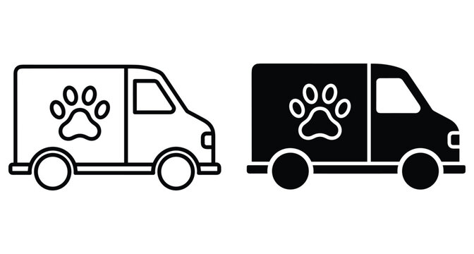 Pet delivery van icon set featuring animal transport vehicle with paw print symbol for veterinary services grooming mobile clinic rescue