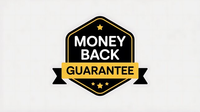 Money back guarantee, warranty, refund icon, black and gold seal, commercial label