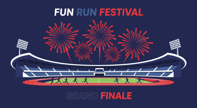 Vibrant Illustrated Fun Run Festival Celebrating Athletic Competition With Fireworks Show