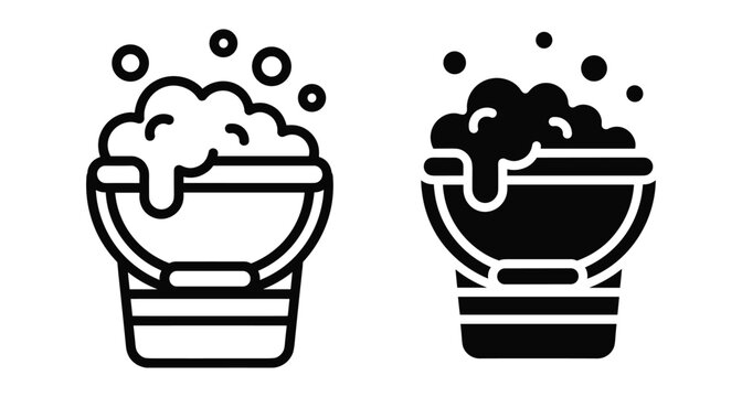 Cleaning bucket icon set with soap bubbles and foam for household chores laundry washing service maintenance and sanitation equipment symbols