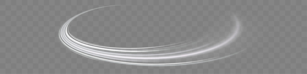Glowing white neon streaks with curved flowing motion lines isolated on transparent background png, abstract light trails with dynamic speed effect, futuristic energy wave illustration © Olha