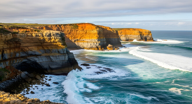 Waves crash against rugged cliffs and rocky shoreline with ocean water and cloudy sky