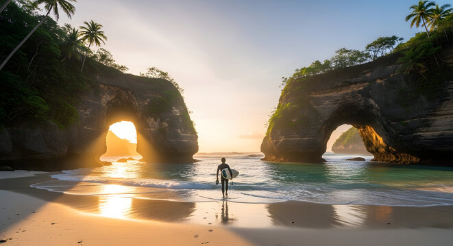 Surfer walks on secluded tropical beach with rock arches at sunset