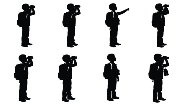 Silhouettes of people using binoculars and pointing displayed in a grid pattern