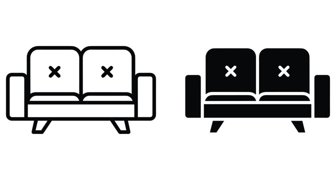 Sofa icon set featuring outline and solid black couch symbols for interior design furniture seating and home decor web interface