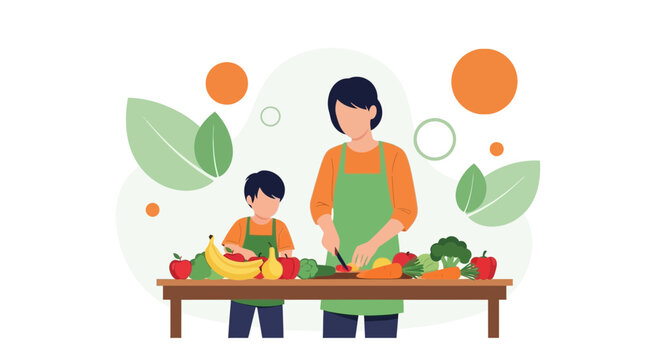 Mother and child cooking healthy food together, chopping vegetables and fruits in kitchen
