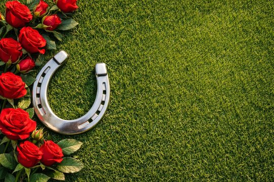 A high-quality top view of a silver horseshoe resting on a lush green grass background, elegantly framed by a border of vibrant red roses. Perfect for concepts of luck, success, and horse racing.