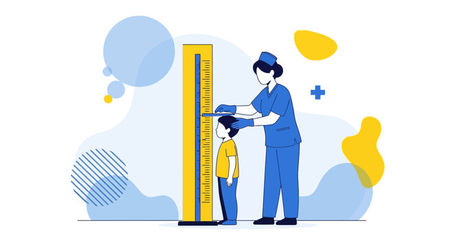 Pediatrician measuring child's height on stadiometer for growth checkup, healthcare concept