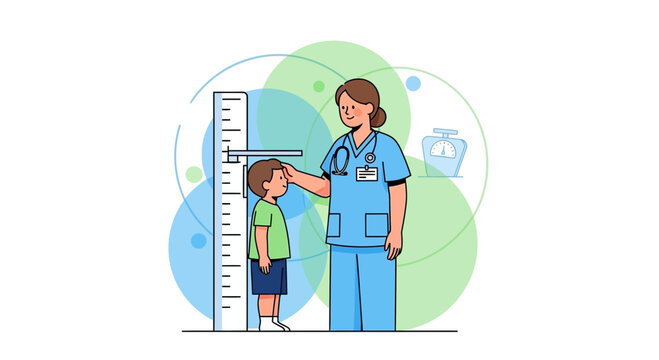 Pediatrician measures child's height on stadiometer, healthcare checkup, growth monitoring