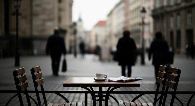 Empty outdoor caf&eacute; table with coffee cup in urban street