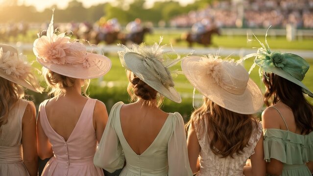 A group of elegant women in sophisticated pastel dresses and ornate wide-brimmed hats watch a horse race at sunset. Back view of friends enjoying a luxury social event at the racetrack.