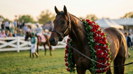 A champion bay horse stands proudly on a racetrack, draped in a ceremonial garland of vibrant red roses. This iconic image captures the prestige, triumph, and tradition of a major horse racing victory