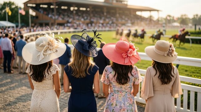A group of elegant women in sophisticated pastel dresses and ornate wide-brimmed hats watch a horse race at sunset. Back view of friends enjoying a luxury social event at the racetrack.