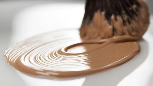 Closeup shot of a makeup brush swiping liquid foundation on a white surface, creating a swirl
