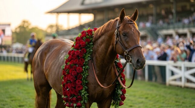 A champion bay horse stands proudly on a racetrack, draped in a ceremonial garland of vibrant red roses. This iconic image captures the prestige, triumph, and tradition of a major horse racing victory