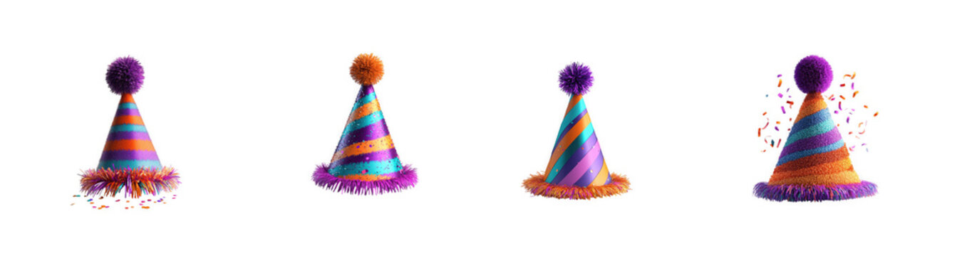 Colorful striped party hats with purple pom poms for birthdays as PNG isolated on transparent background