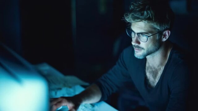 Man working late at night in front of a computer screen with focus and intensity in a dimly lit room