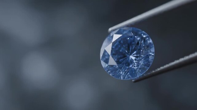 Blue diamond shown in close up with focus on cuts and clarity under bright lighting