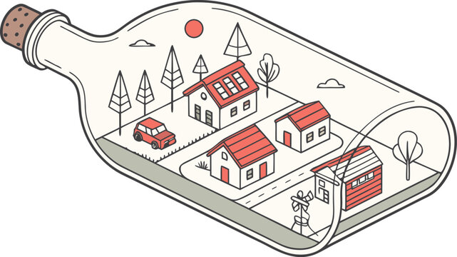 Isometric illustration of a small neighborhood inside a glass bottle
