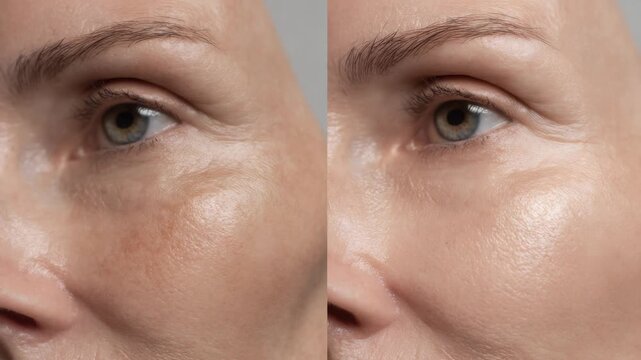Skin improvement process over time with focus on eye area and texture during a skincare routine