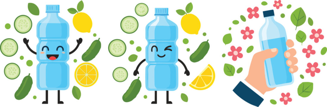 Cute infused water bottle characters with cucumber lemon ingredients, healthy detox drink concept, cartoon vector illustration for wellness and hydration themes