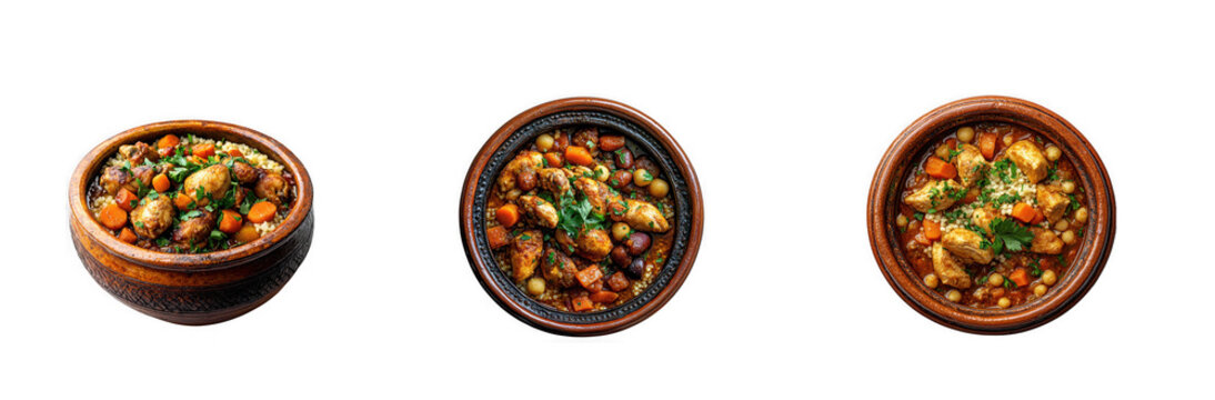 Set of three rustic bowls of beef and vegetable stew with herbs as PNG isolated on transparent background