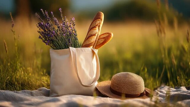 Bag with flowers and bread placed on a blanket in a field during the afternoon