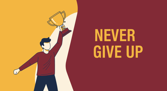 Victorious Individual Celebrates Accomplishment Holding Trophy High With Motivational Phrase