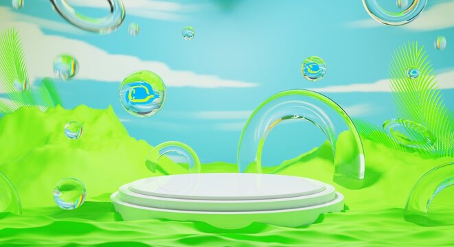 retro-future y2k 2000s frutiger aero aqua web 2.0 gloss with stage podium for product display showcase, 3d illustration rendering abstract background, technology and nature environment concept