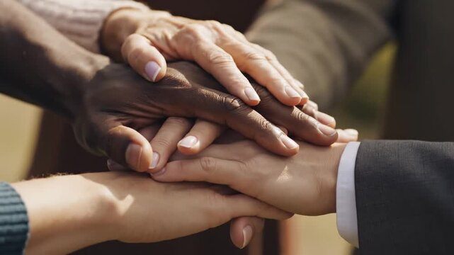 A diverse group of people with different skin tones and ages joining their hands together in a gesture of unity, teamwork, and support