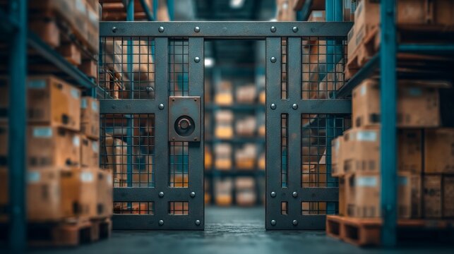 Industrial Storage Cage with Locked Gate Swung Open in Warehouse Space