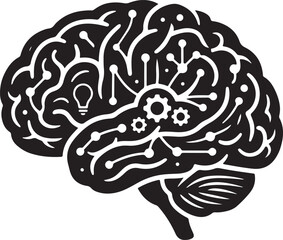 Fototapeta premium Creative black and white vector silhouette of a human brain featuring digital circuit lines gears and a light bulb representing artificial intelligence innovation and logic