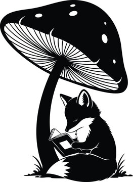 Fox reading book under mushroom vector illustration.