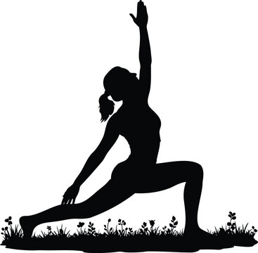 Woman practicing yoga warrior pose in nature illustration vector.