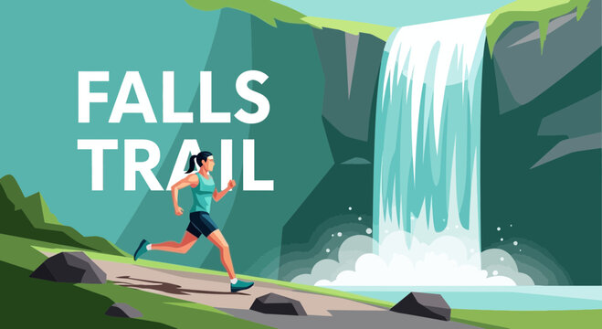 Waterfall Trail Adventure With Woman Running, Outdoors Sports And Nature Scene