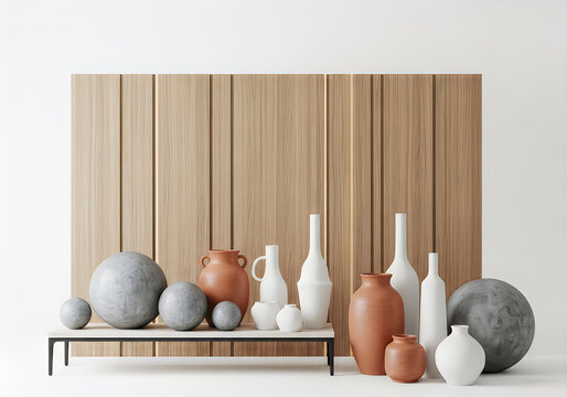 Minimalist ceramic vases and decorative spheres on a rustic shelf display