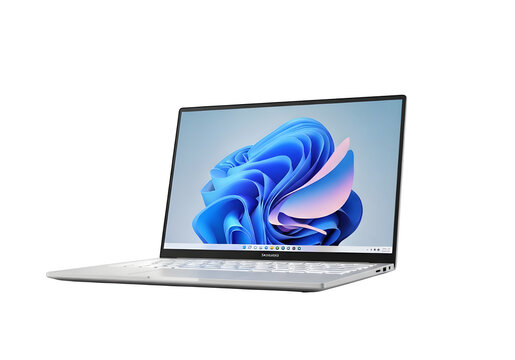 A silver samsung laptop with a blue and pink abstract image on the screen isolated on transparent background