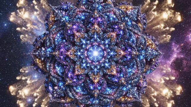 Cosmic crystalline flower of life blossoming within the galaxy, infinite creative energy manifesting a spiritual rebirth