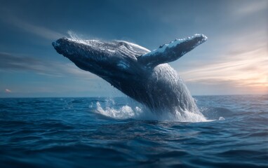 Fototapeta premium Majestic Whale Breaching Vertically from Ocean Surface at Sunset